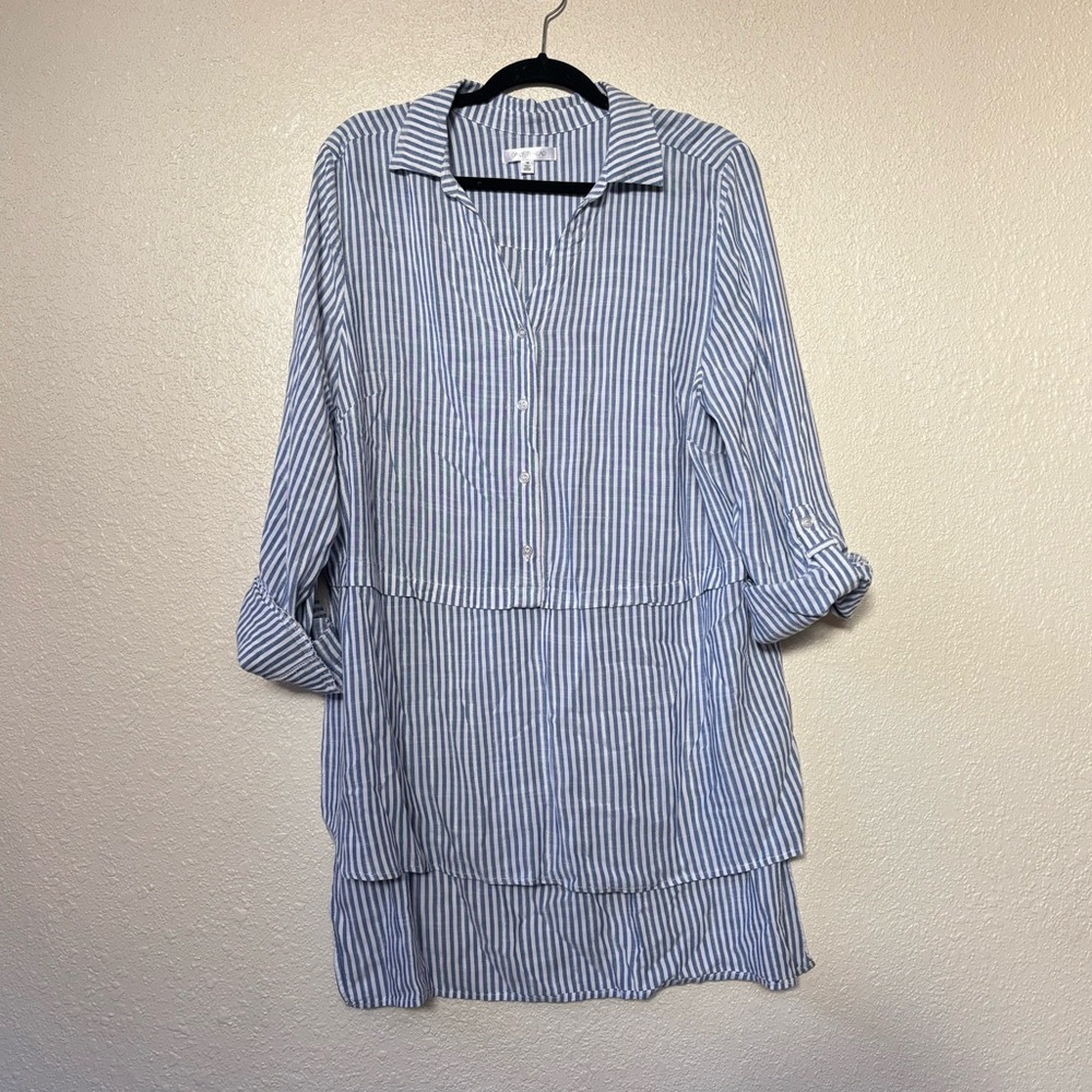 Daily Thread Blue & White Striped Button Down Long Sleeve Tunic Shirt 1X